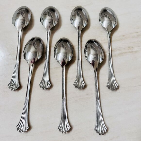 7pc INTERNATIONAL Tiara Soup Spoon Stainless 18/8 Fan Ribbed  7pc INTERNATIONAL Tiara Soup Spoon Stainless 18/8Fan Ribbed/Ridges Glossy Korea